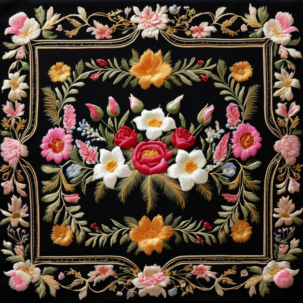 a frame of natural wild flowers embroidered in silk thread, bright and cheerful colours, very detailed, in the central area another embroidery in shiny gold metallic thread, with precious stones, representing roses and lilies, Sevillian baroque style, typical of the Holy Week in Seville, on a luxurious black cloth, with discreet shadows and volumes, sharp focus, spectacular lighting, depth of field, photographic quality, high resolution, graphic design style, elegant, fashionable,