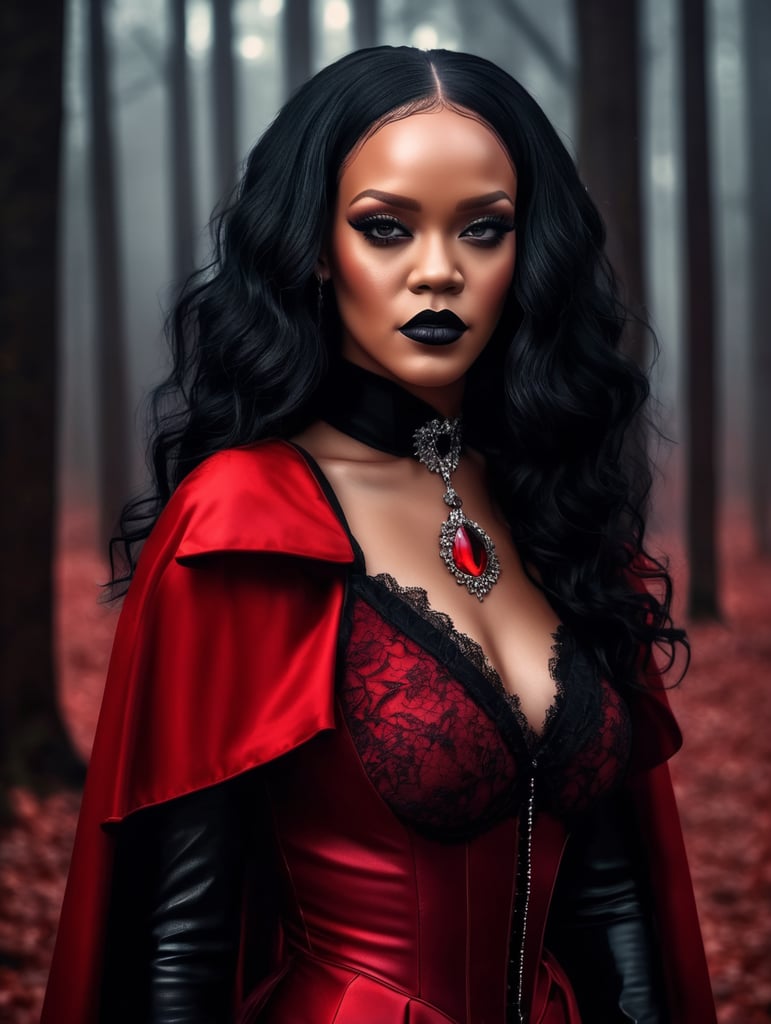 Portrait of Rihanna in a Dracula Halloween costume, scary face makeup, dark atmosphere, vintage style, red and black colors, high detail photo, professional photo shot, against the backdrop of an old creepy dark forest, contrasting light, bright colors, dark atmosphere