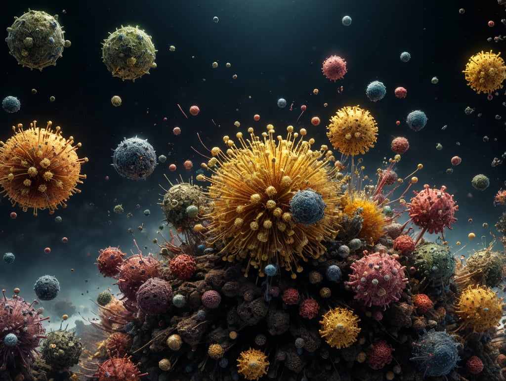 View of microscopic particles in the air such as bacteria, pollen, viruses and other particles floating at several levels but which do not touch each other.