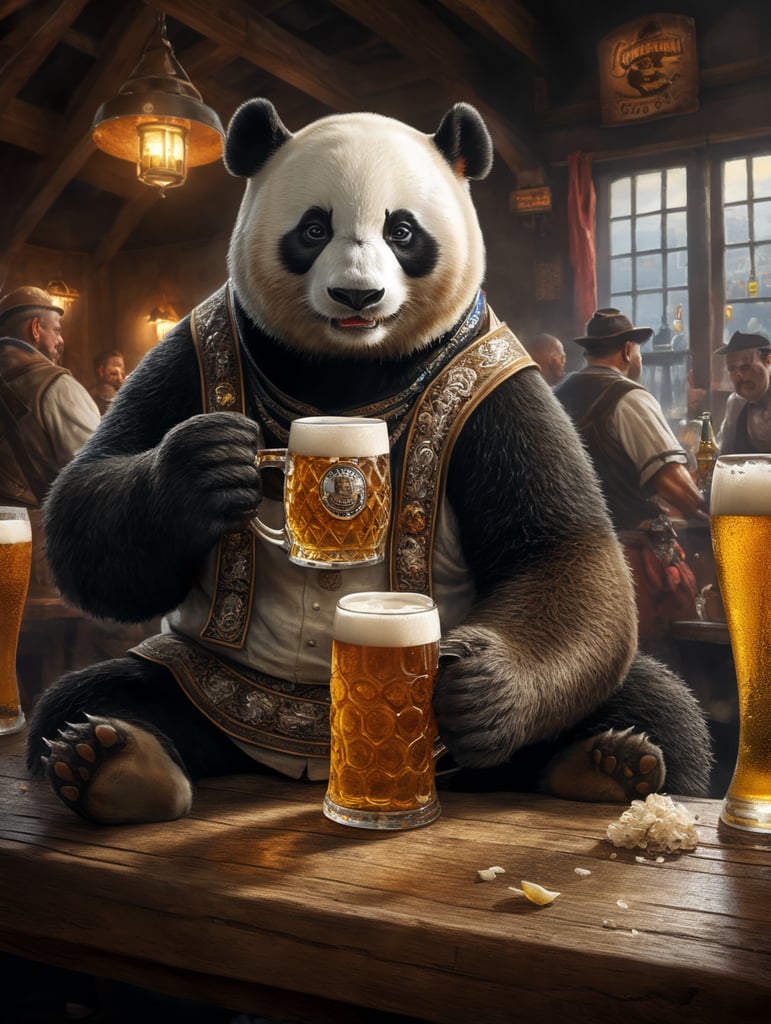 A panda bear drinking a beer at Oktoberfest