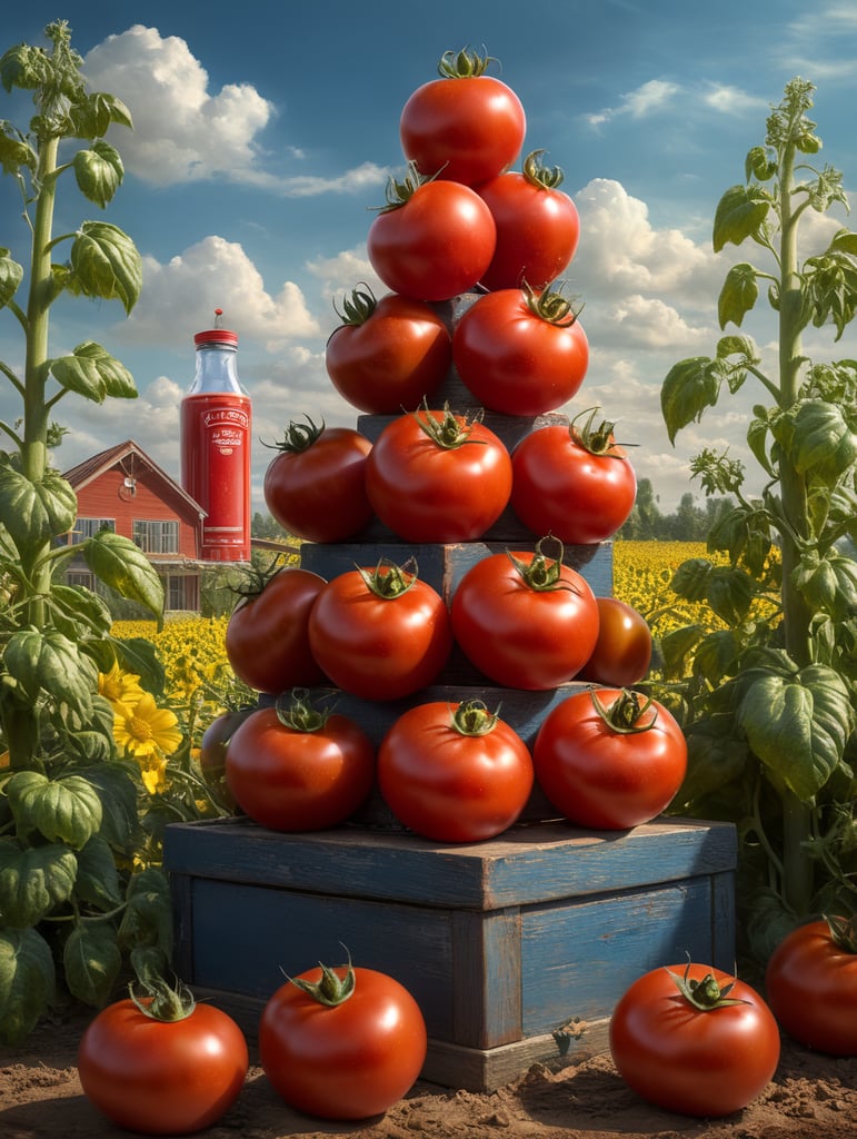 several red tomatoes stacked together forming a ketchup bottle with some leaves around it, beautiful tomato plantation in the background and a blue sky, short grass and yellow flower, creamy light, ambient lighting, beautiful colors
