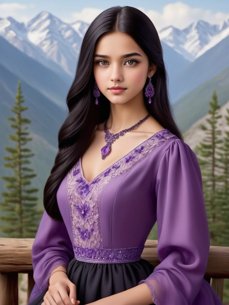 Girl. 18 years old. With dark brown eyes. 10 inches long black straight hair. 160 cm tall with a beautiful purple dress. He paints a picture in the mountains. Beautiful wooden houses can be seen in the mountains.He has a Caucasian appearance