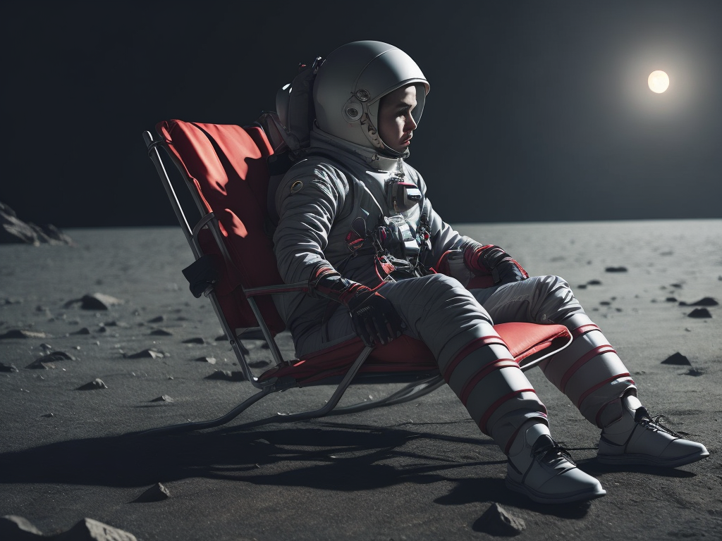 Soviet astronaut resting on moon in a beach chair, vibrant lighting, elegant, highly detailed, smooth, sharp focus, illustration, beautiful, geometric, trending on artstation, full body