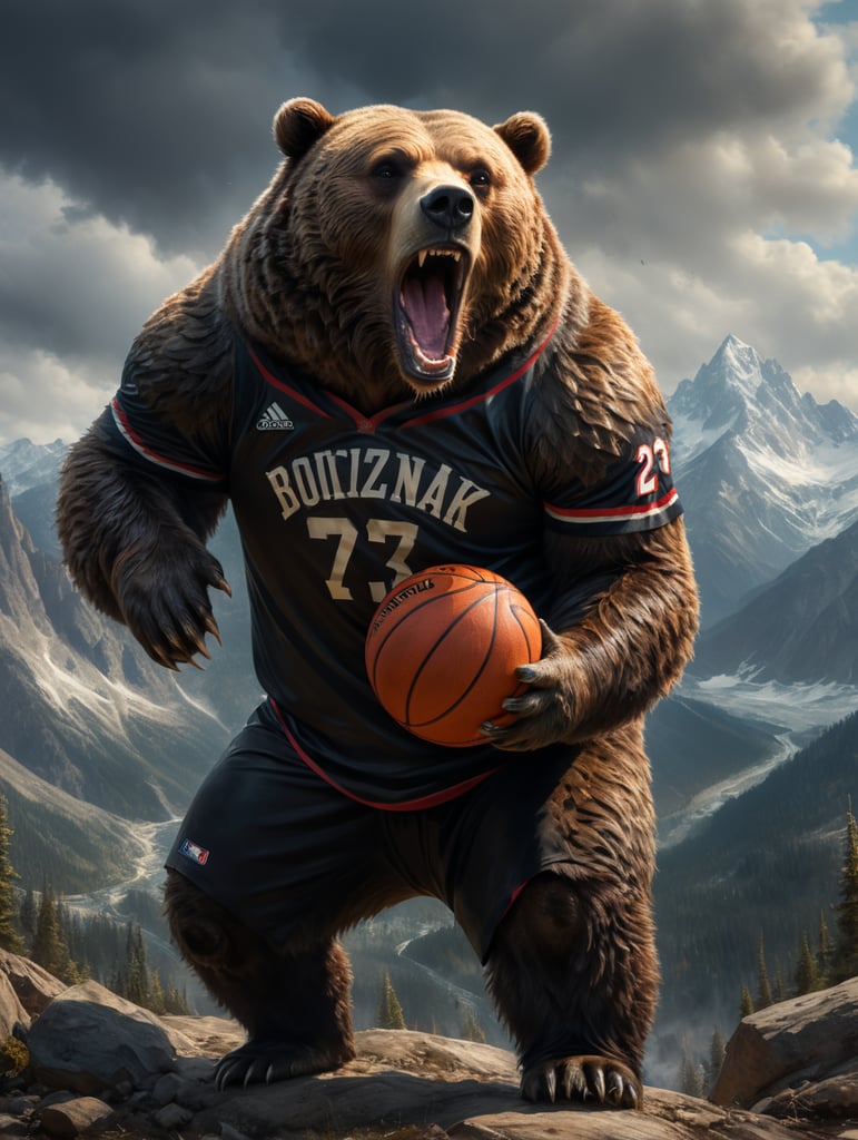 grizzly bear wearing a black basketball jersey