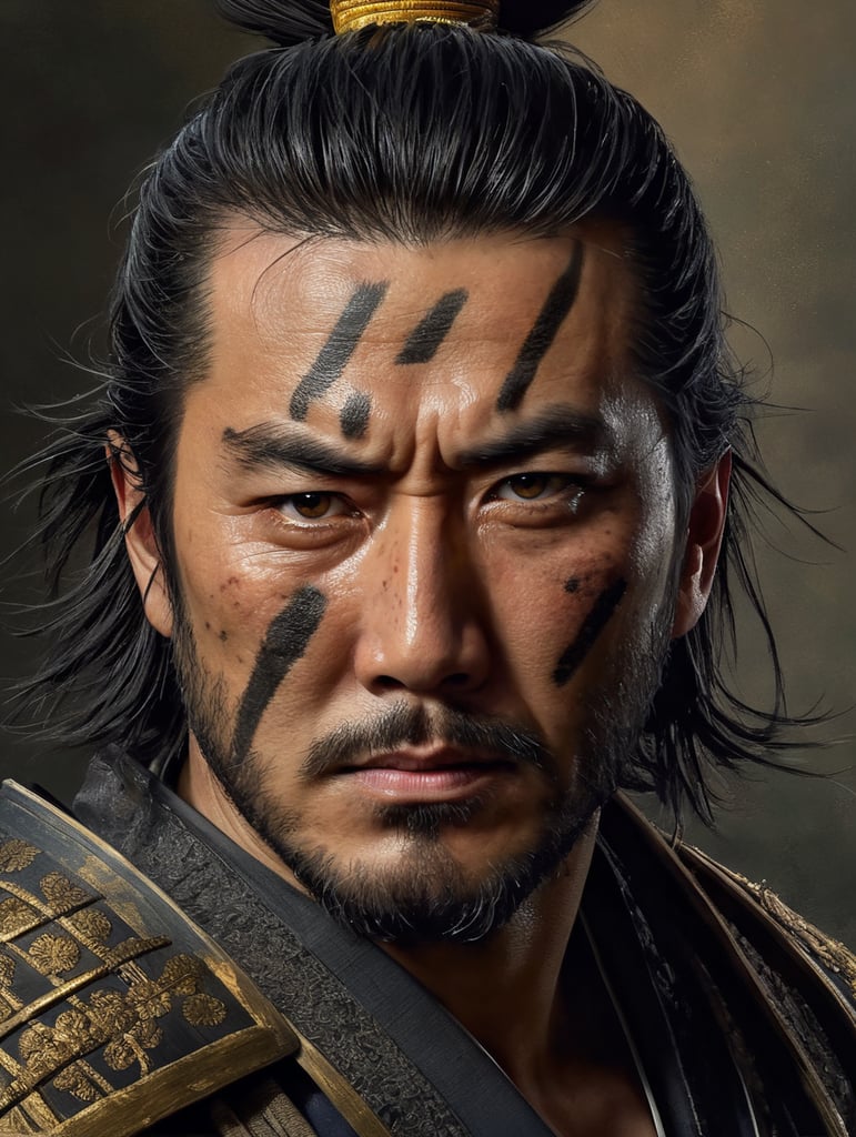 Portrait of a Samurai with a scar on his face, a very serious expression, classic Japanese painting style
