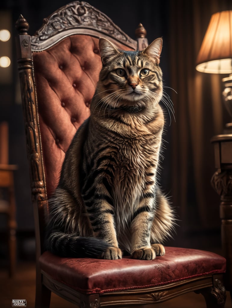 Cat sitting on a chair, melancholic, photography, film noir, bokeh