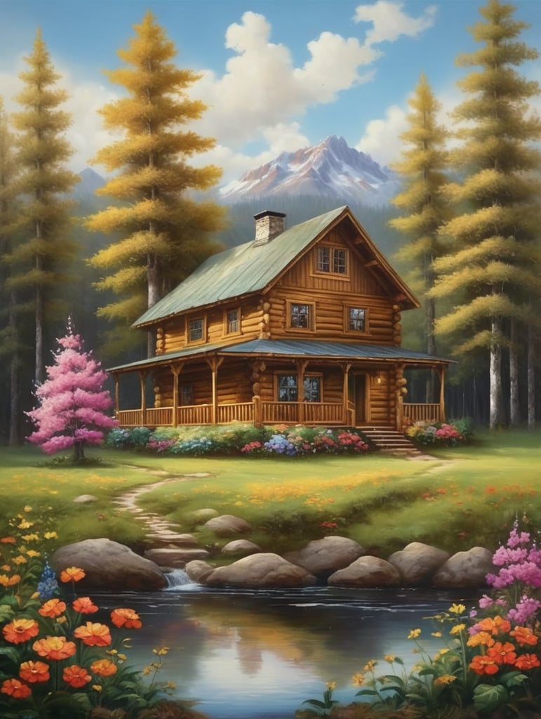 I want pictures of a hand-painted oil painting of a forest full of colorful flowers and a wooden cabin with a wonderful sky and a tree next to the cabin translated into English inside a golden frame suitable to be hung in the living room