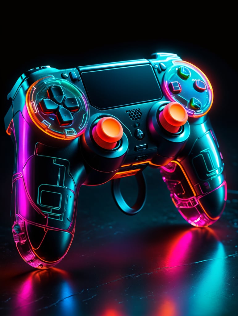 Design a futuristic, neon-colored gaming controller in the style of a playstation controller, glowing neon, semitransparent, deep vibrant colors, high details