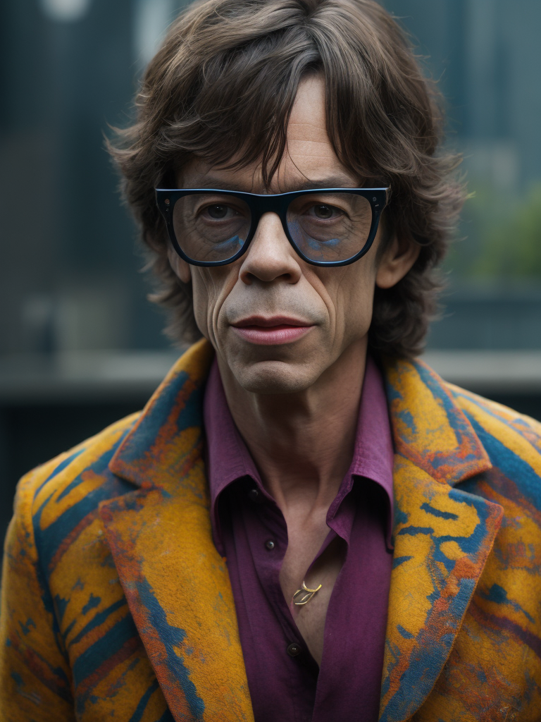 Mick Jagger wearing a brightly patterned jacket and wayfarer glasses, Vivid saturated colors, Contrast color