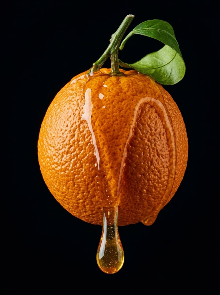 Macro photograph of a textured orange citrus against a pure black background. Thick golden honey cascades down the dimpled rind from a green stem and curled leaf, forming a heavy translucent droplet at the base. Studio lighting highlights the glossy liquid and porous fruit skin.