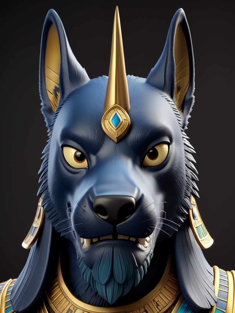 Egyptian god Anubis, portrait, hyper-realistic, dark style, focus on face, sharp on details, black background