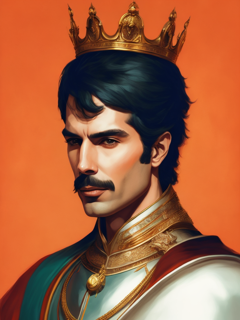 Portrait of Freddie Mercury wearing the Queen's crown, royal mantle, Vivid saturated colors, Contrast light, studio photo, professional photo, Detailed image, detailed face