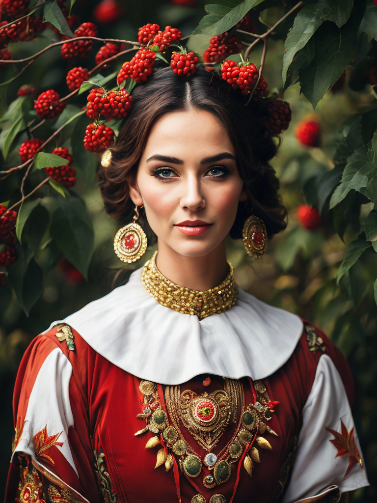 Portrait of a Beautiful women from Russian fairytale wearing traditional costume around bunches of rowan