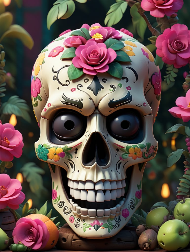 Mexican skull calavera, surrounded by poetic ornamental elements such as fruits, flowers, garlands of lights and native plants, colors pink, green, gold and black