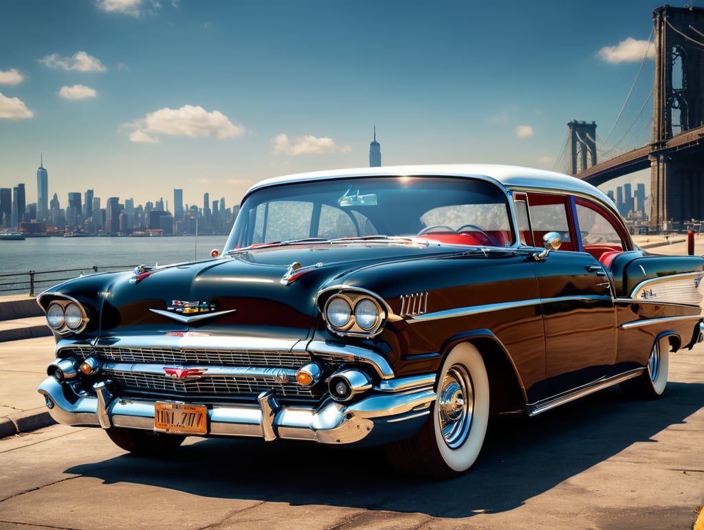 photorealistic lowrider style chevrolet bel air 1957, new york, city background