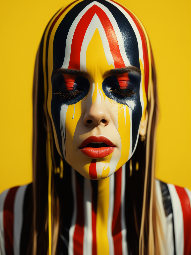 Portrait of a girl with a painted face and paint flowing from her face, closed eyes, yellow background