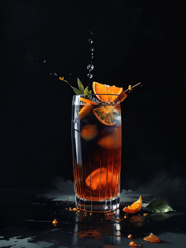 gin cocktail with dried orange fruit slice, botannicals, professional food photography, depth of field lens, vibrant