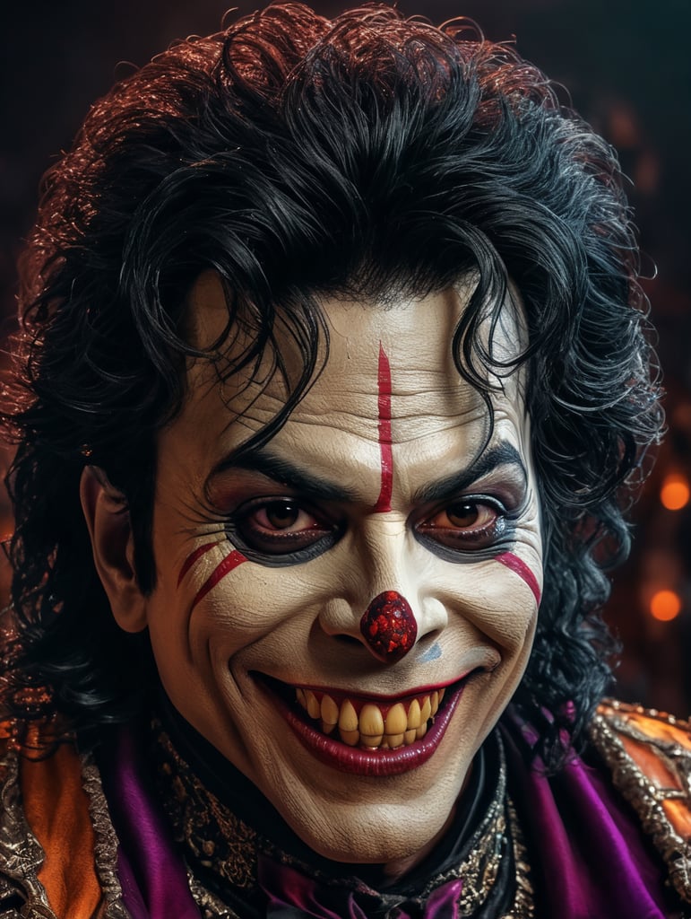 Old Michael Jackson as a creepy evil character wearing spooky Halloween costume, evil smile, creepy nose, Vivid saturated colors, Contrast color