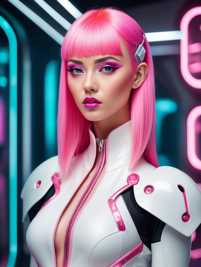 An hyper-realistic, beautiful pink haired female artist all white sleek futuristic outfit, details, design, clean makeup, with depth of field, fantastical edgy and regal themed outfit, captured in vivid colors, embodying the essence of fantasy, cyber, pop surrealism, minimalist, film grain, holding object.