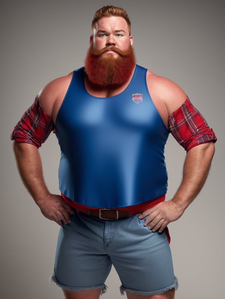 overweight redneck wrestler wearing a blue singlet and a red flannel shirt and a large red beard