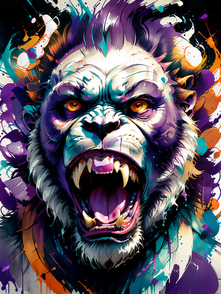 A close-up of the face of a purple gorilla with a lion's mane shouting on white background