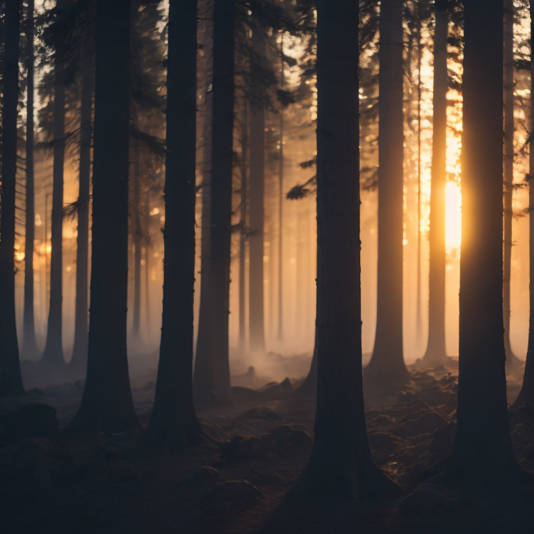 image of light reflections of a fire burning on a super hazy night in a dark forest