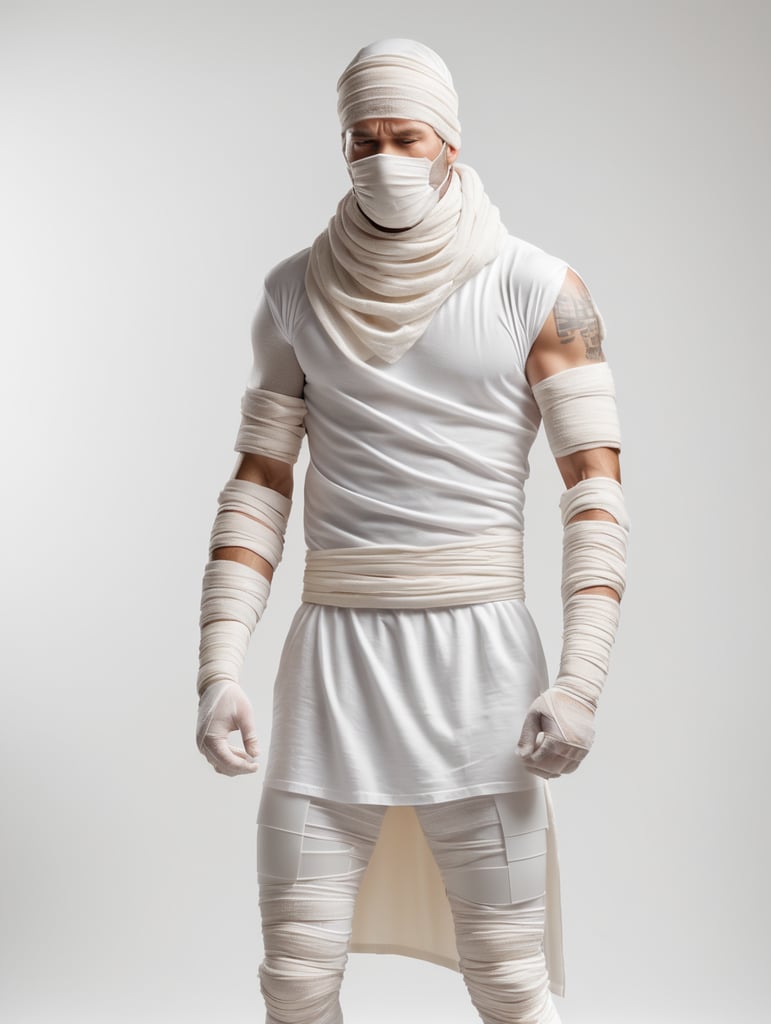 A photograph of man covered in bandages with his arms reached out with realistic style, white background, full body, show hands, show neck and head, standing front on