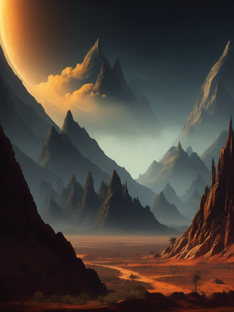 The landscape of an alien planet in the style of Roger Dean and 70's progressive rock