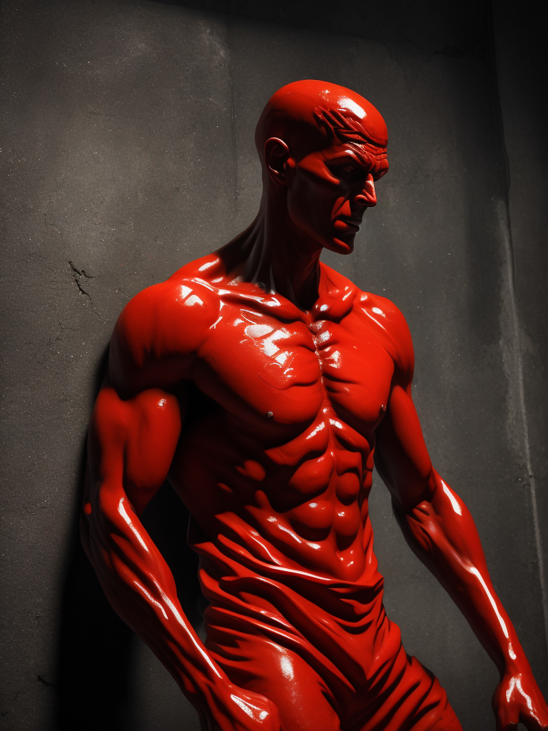 Red plastic statue of a man melting into the concrete concrete room dark and moody