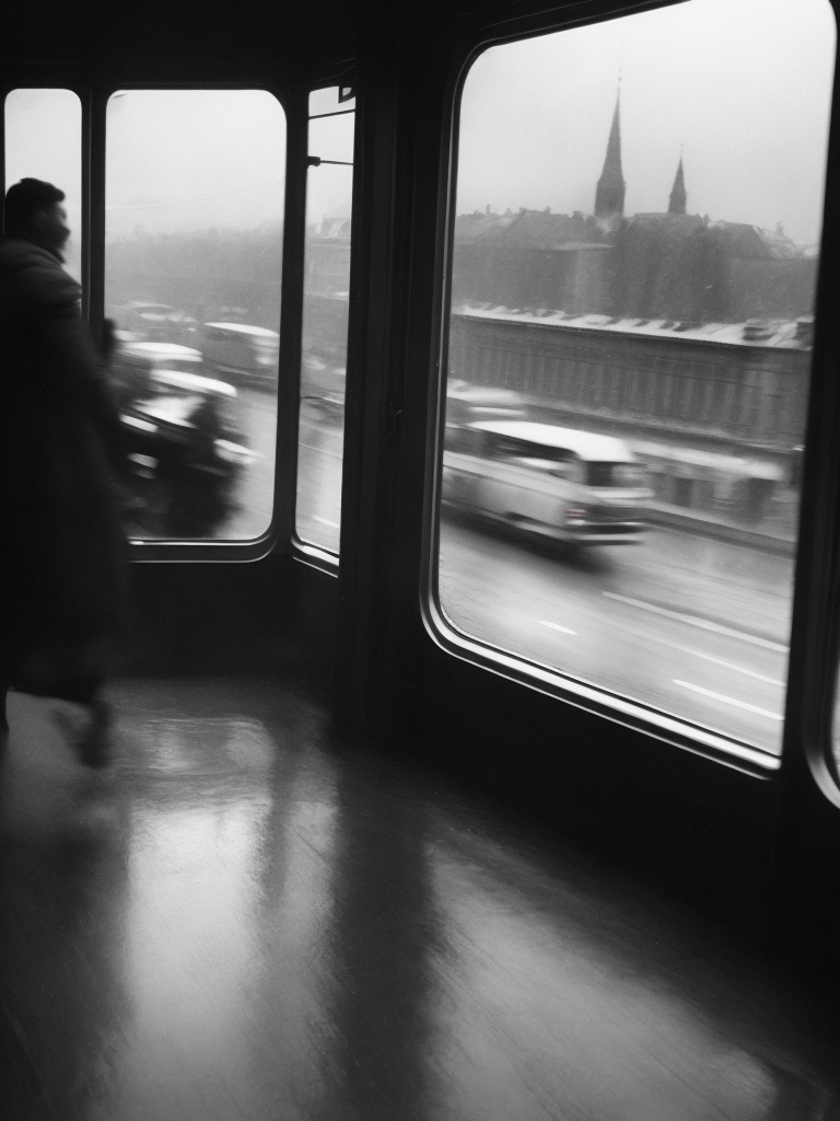 View of a bus full of people going to work, view from inside a dropped bus window, winter 1978, berlin, rain, black & white, realistic