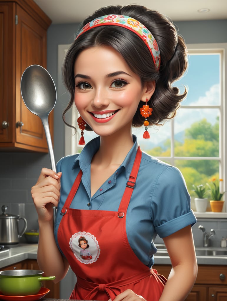 Physical Appearance: Short and cartoonish housewife with a friendly and approachable demeanor. Clothing: Colorful cartoon apron with a cheerful pattern. Pose: Holding a ladle in one hand. The other hand on a cartoonish pan, as if actively stirring. Facial Features: Happy and inviting cartoonish facial expression. Large, friendly eyes and a cheerful smile. Hair and Accessories: Neat and tidy cartoonish hairstyle. Optional: Cartoonish accessories like oversized earrings or a headband. Background: No background, transparent. Overall Style: Cartoonish style with exaggerated features and playful elements. Color Palette: red and grey