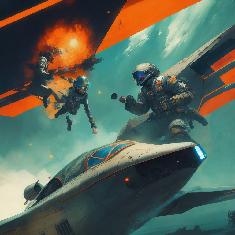 two pilots control the spacecraft at the moment of the hyper jump, composition in the style of retrofuturism and comics