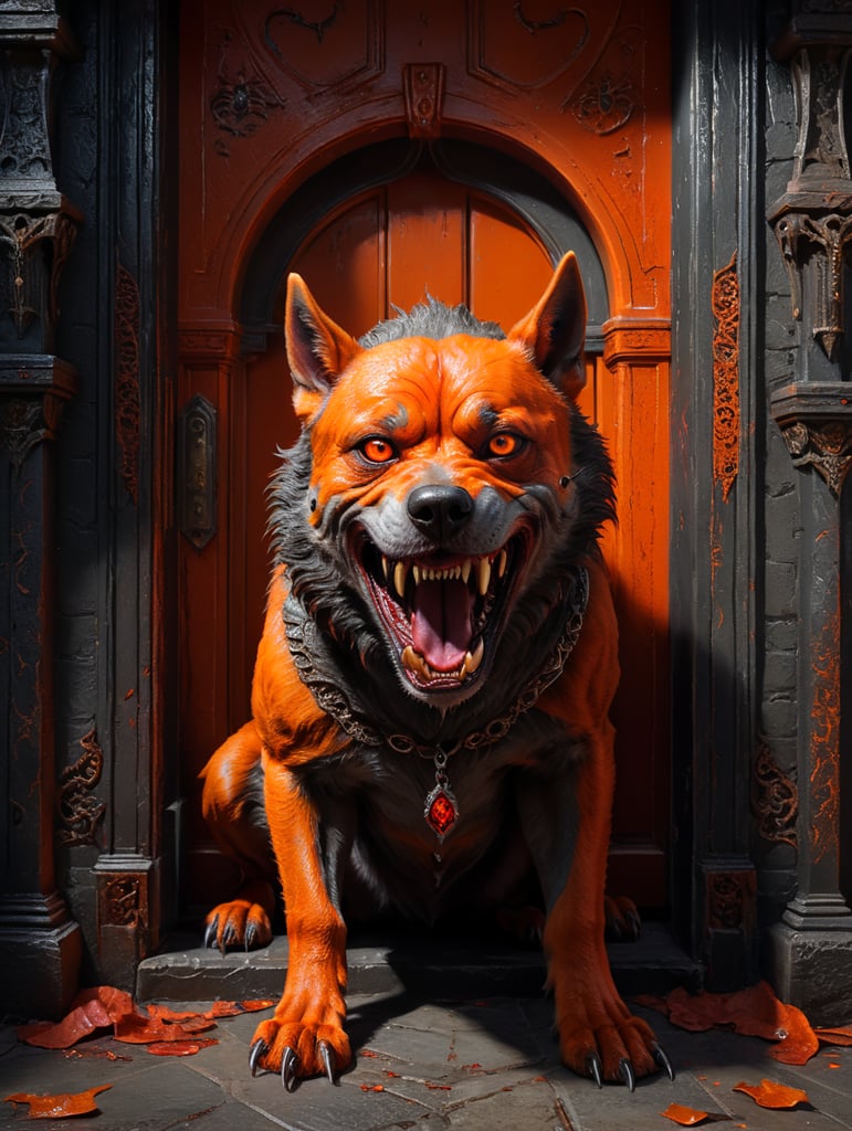 The Originals dog mutant character dressed in orange, evil eyes, full body in a doorway and vampire blood fangs