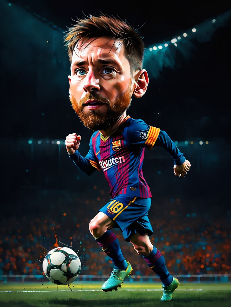 Messi con pateando el balon de futbol, ((high face)) background dark, dramatic lighting