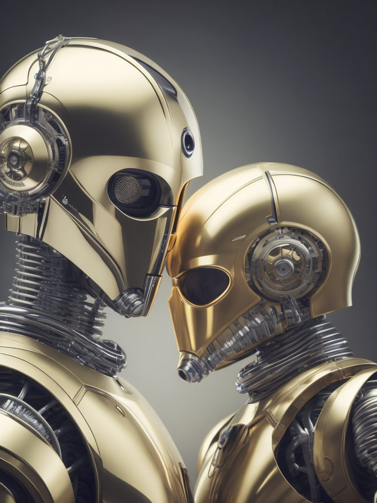 Robot illustration with two faces in the same face, bipolar face, cinematic lightning, like c3po star wars