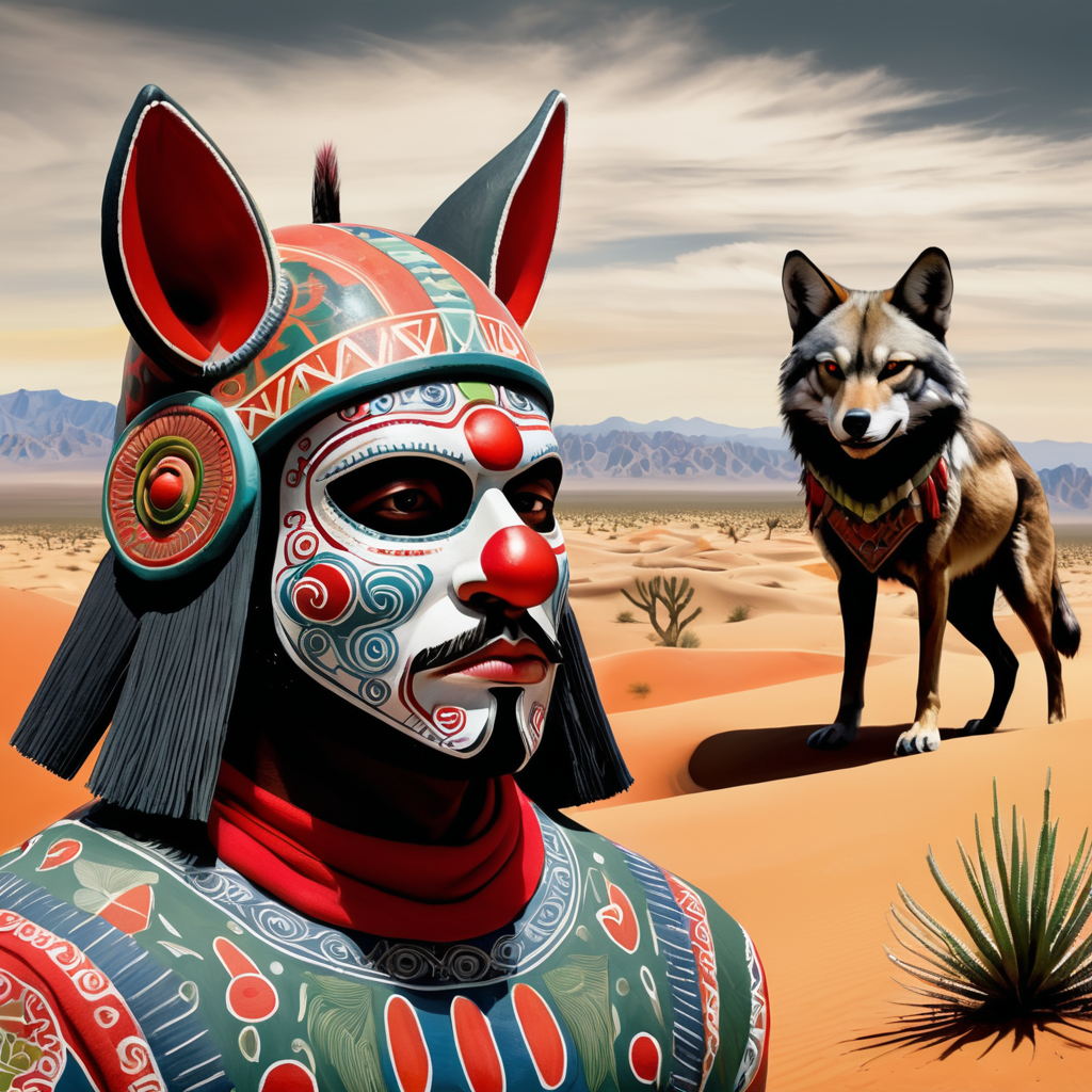 Man wearing a pre-Hispanic mask with a red nose on his face standing in the middle of the desert with some cacti and in the company of a Mexican wolf.