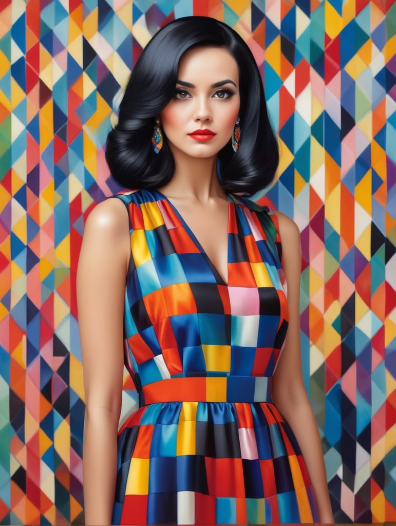Portrait of a woman with black hair wearing a brightly patterned satin dress, Vivid saturated colors, Contrast color, style of Yaacov Agam, colorful,