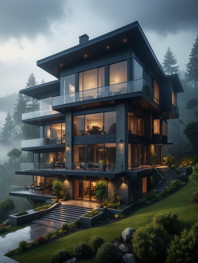 a modern luxurious house in serene nature. the background is relatively muted with fog
