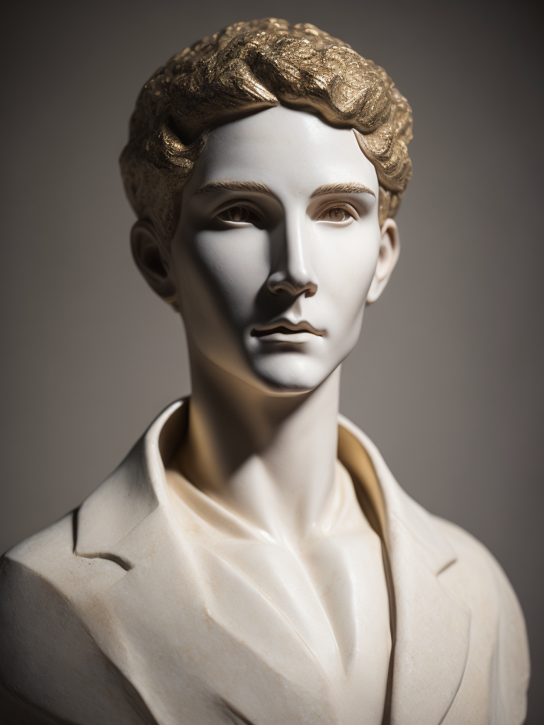 marble sculpture of humans head, cracked white marble with gold and dark gold, studio lighting, professional photo, soft background, art classical reference