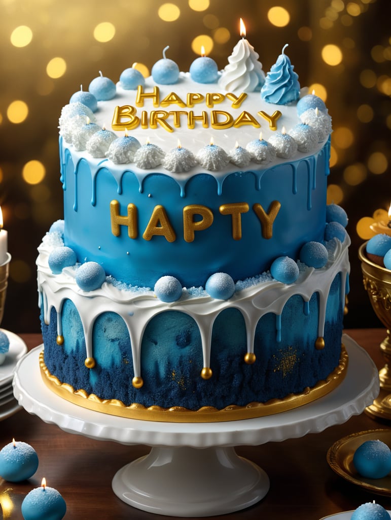 Generate a realistic double layer 3D white cake with blues icing sugar frosting at the tip of the cake's circumference. The cake should be placed on a white base with (HAPPY BIRTHDAY ABBY) WRITTEN with Golden colour the cake stand should be placed on a beautiful Golden decorated background with 23 of December written on it.