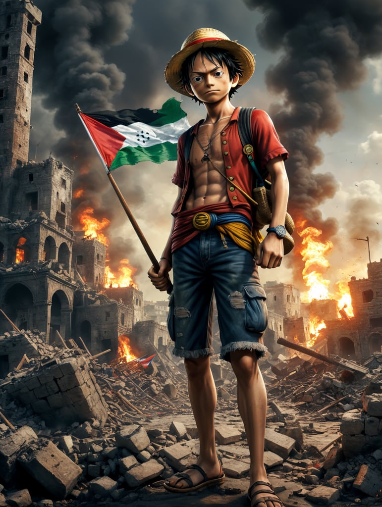 Luffy One Piece Solidarity with Palestine, City Ruins, Palestinian Flag, Smoke and Destruction, Cinematic, epic detail, tracing detail