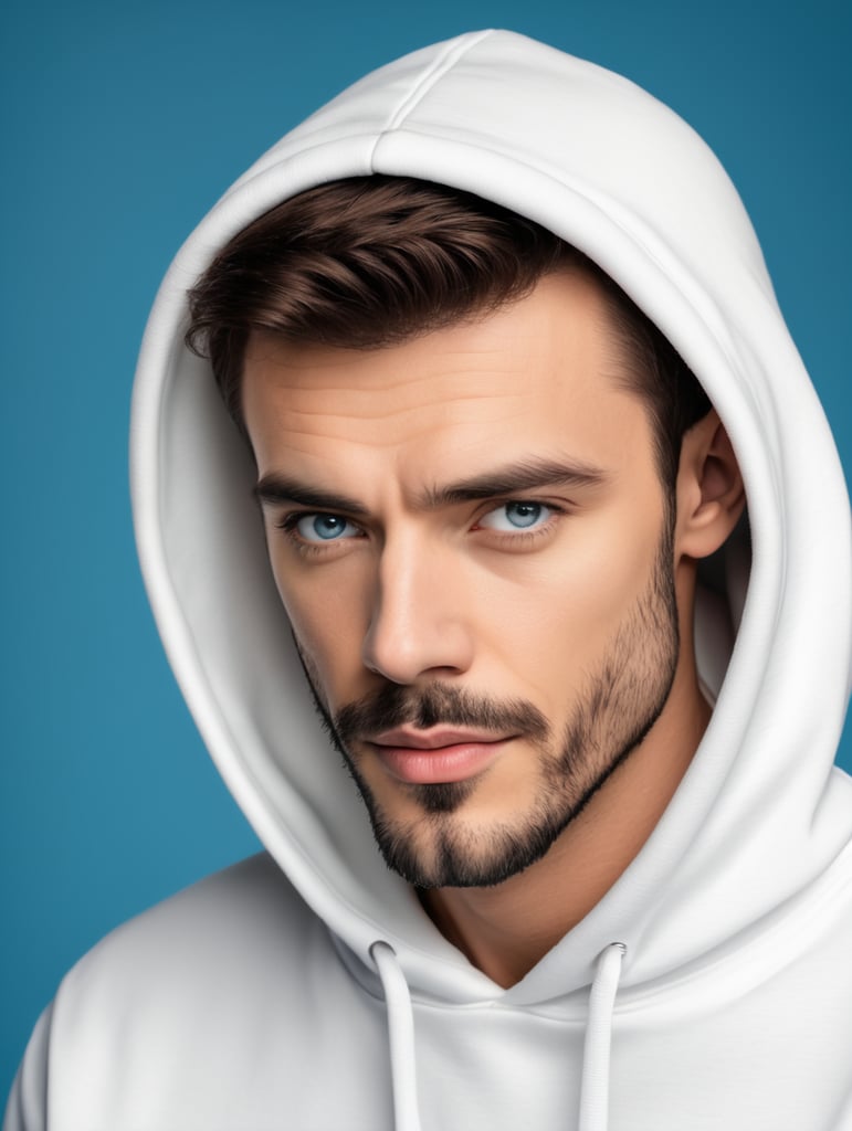 photography of a man wearing blank white hoodie, isolated, blue background, style of James Bidgood, mockup, mock up