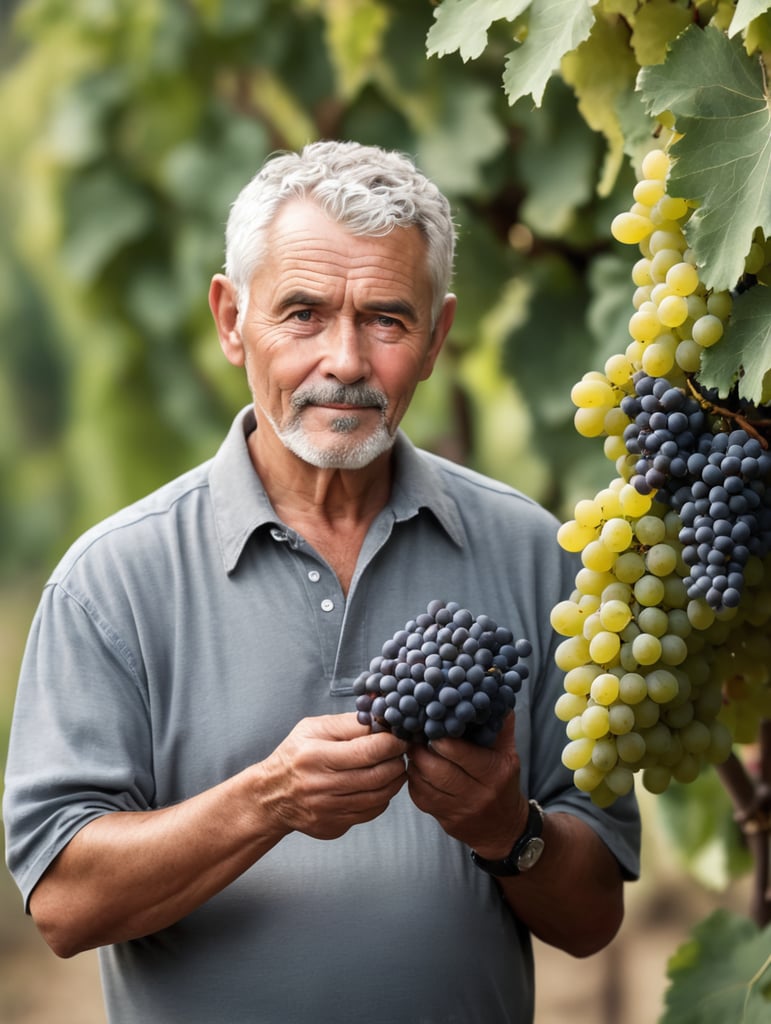 Portrait of an elderly winemaker with gray short hair, man holding a bunch of grapes, looking at the grapes