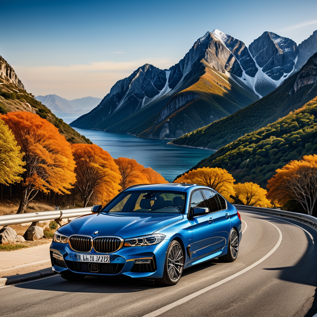 A beautiful BMW Sedan standing on the mountain road,Car Bonnet Stripes Graphics Hood, blue sea in the background of car, highly detailed car,highly detailed orange line on the car bonnet, highly detailed matt finish colour, highly detailed Alloy Wheels, Orange road, ultra realistic, photorealistic, 32k.