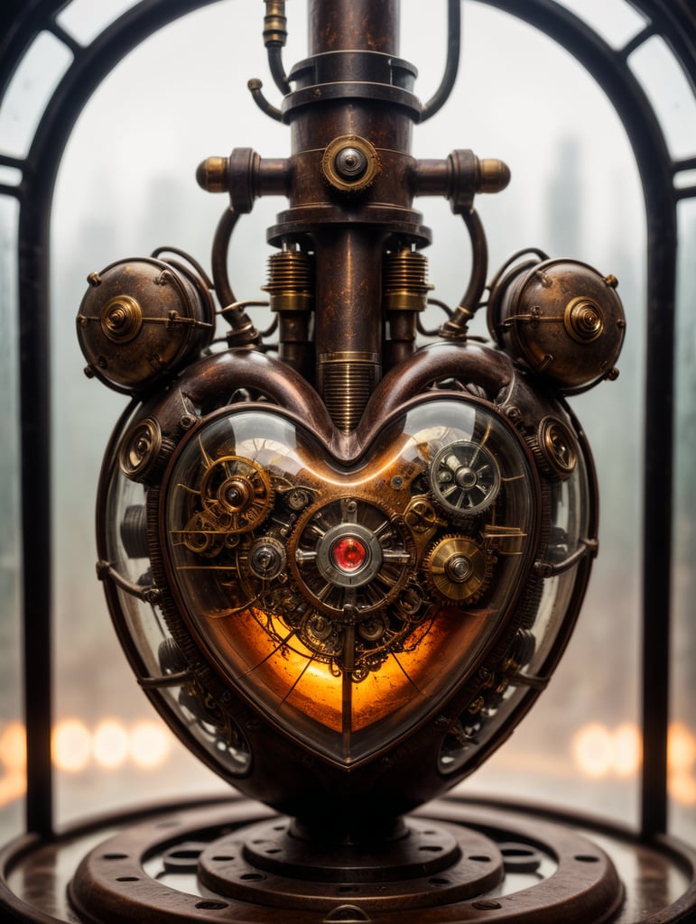 hyper realistic dead rusted heart in steampunk style inside of a glass capsule. The top of the heart has protrtuding pipes, stop valves, coils, tubing and mechanical gadgets, extremely detailed dead rusted heart