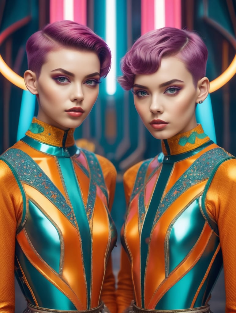 Futuristic portrait of two young girls with short hair standing next to each other, style of James Bidgood, frontal view, symmetry, Incredibly high detail, Bright colors