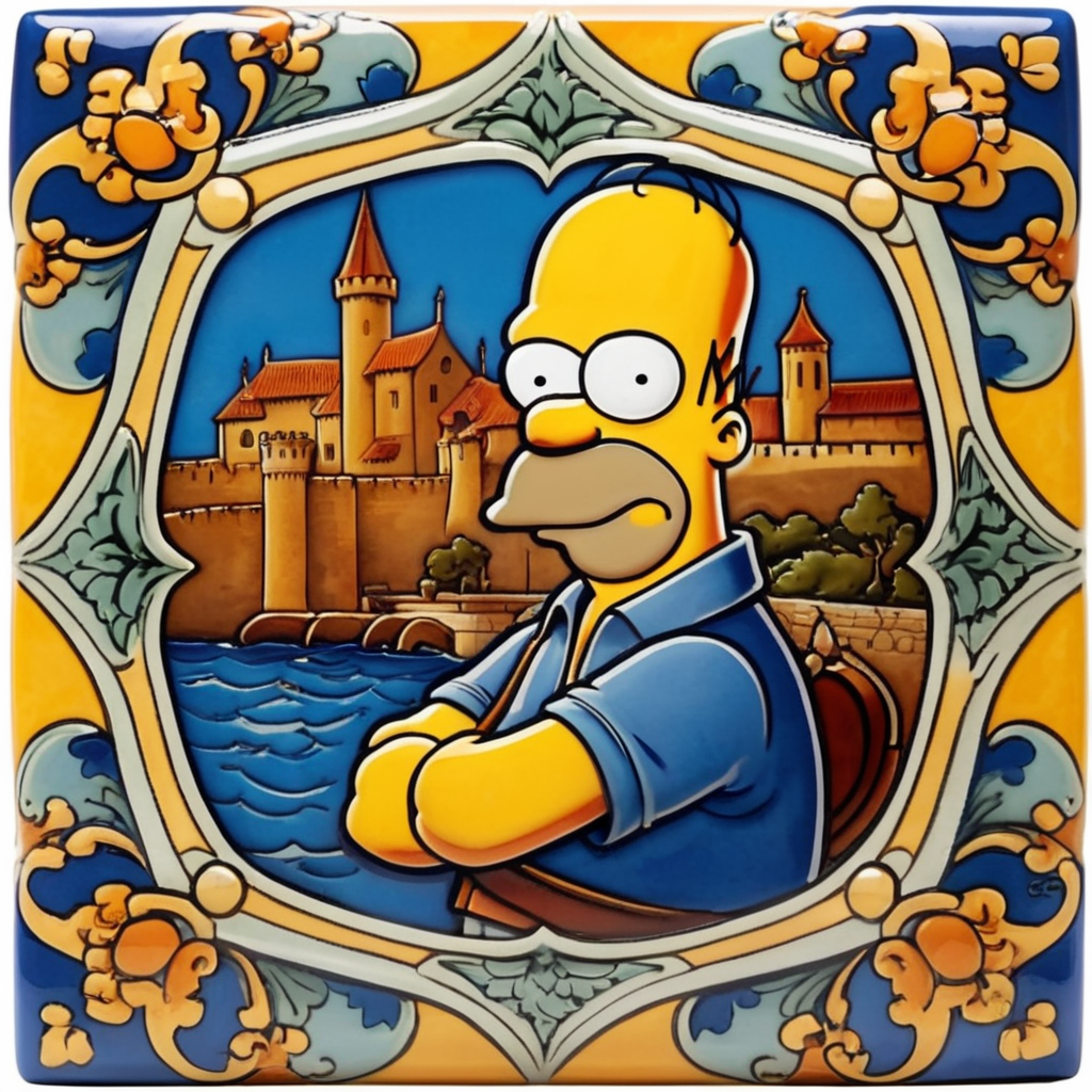 Square ceramic glazed tile with medieval art Homer Simpson, Azulejo