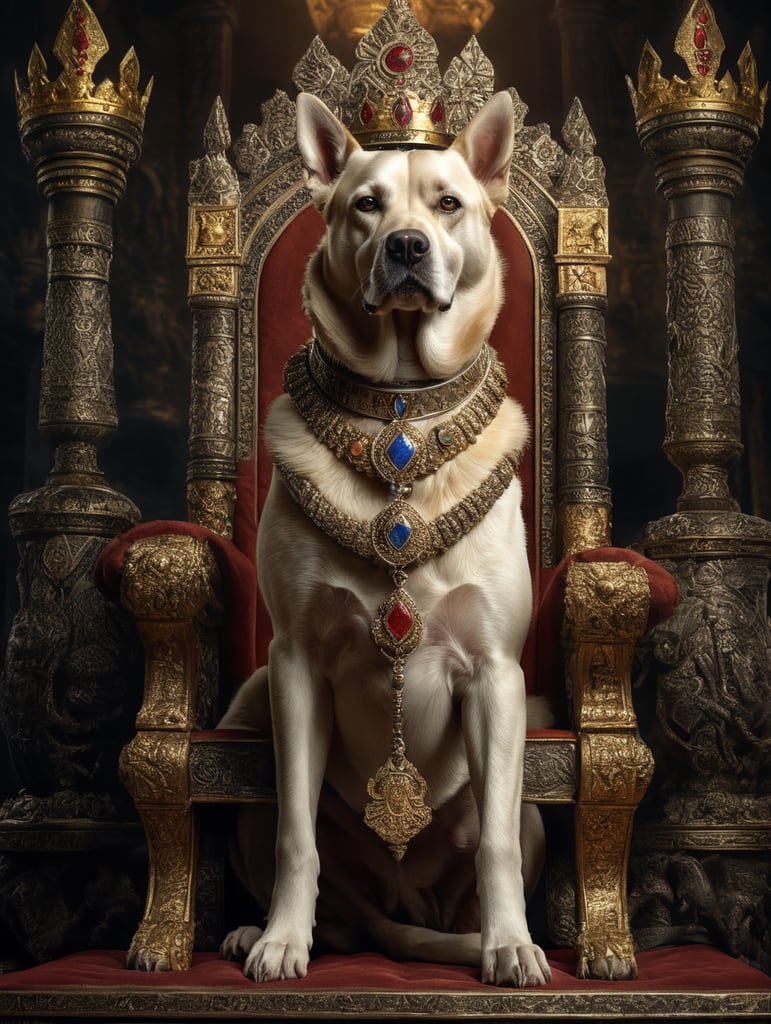 samoyède dog as a king with a crown sitting in his throne
