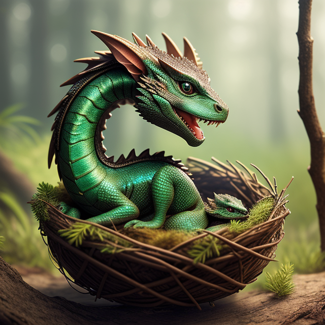 RAW photo, high resolution, (((masterpiece))), baby dragon in a nest, intricate dry twigs, dew drops, prehistoric forest background, very detailed, 8k, sharp, fantasy, (((photorealistic))), award-winning movie poster, UHD, HDR, octane render, unreal engine 5