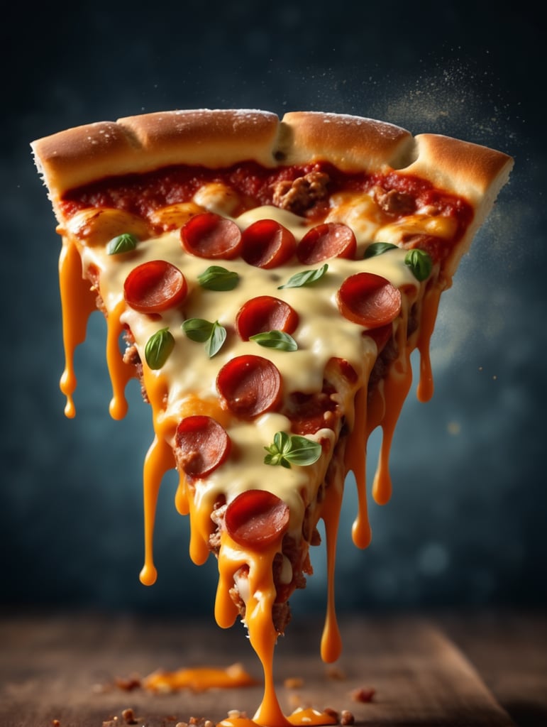 Slice of pizza beef with cheese falling, looking delicious